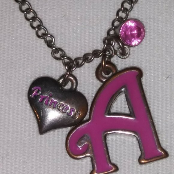 PINK LETTER "A" w/PRINCESS CHARM NECKLACE AND PRINCESS CHARM EARRINGS CA 00691 - Picture 3 of 12